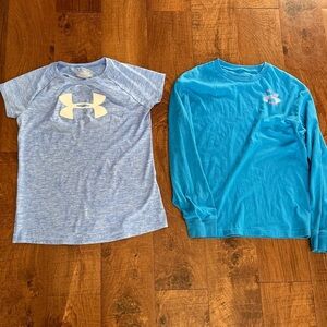 2 under Armour girls long short sleeves shirts large 14/16 loose fit large 14/16